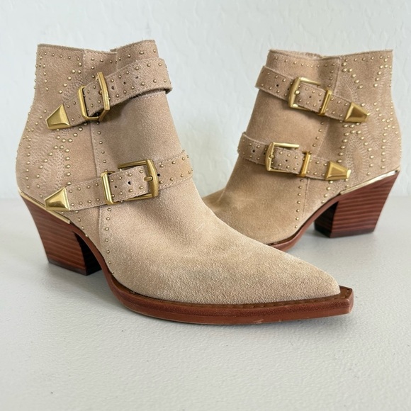 DOLCE VITA RONNIE Western Buckled Camel Suede Booties Women’s Size 6 - Picture 3 of 11